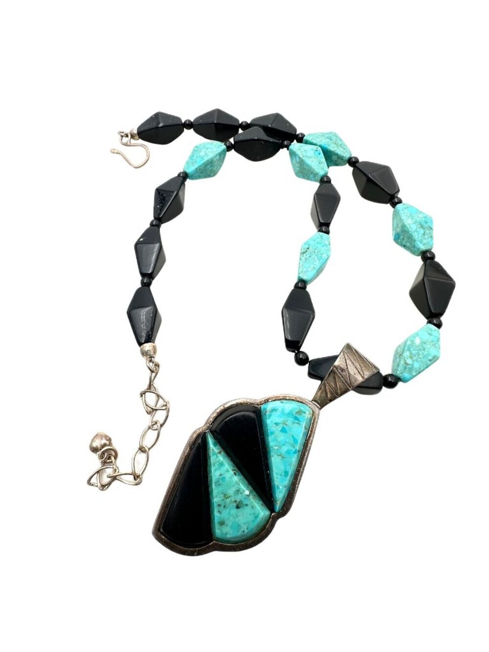 Jay King Necklace Sterling Silver Turquoise Black Onyx Pendant 16 to 18 Inch